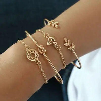 Women 4Pcs Leaf Knot Simple Adjustable Open Bangle Chic Gold Bracelet Jewelry | eBay