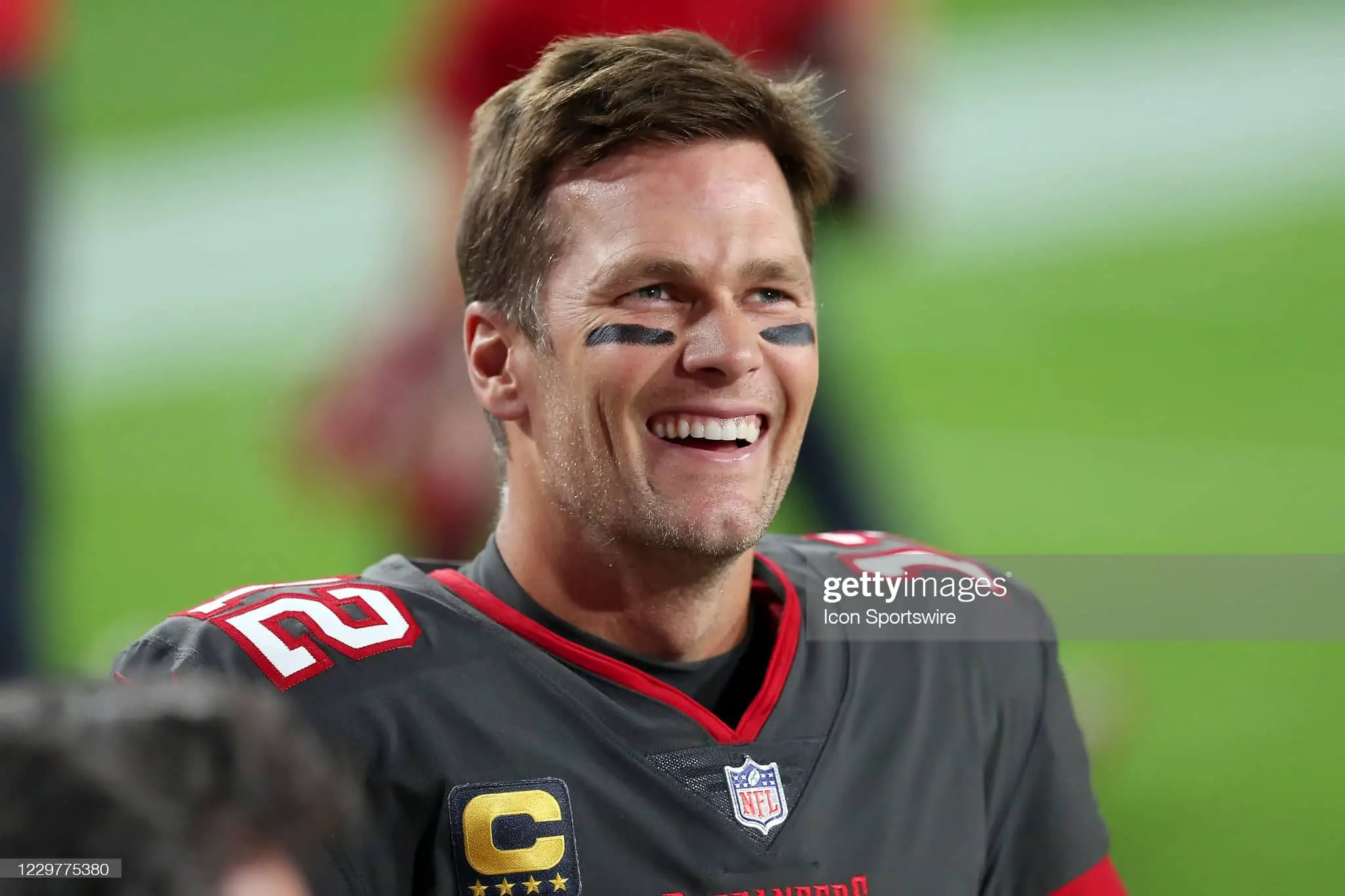 TAMPA, FL - NOVEMBER 23: Tom Brady (12) of the Buccaneers is all smiles before the regular season game between the Los Angeles Rams and the Tampa Bay Buccaneers on November 23, 2020 at Raymond James Stadium in Tampa, Florida. (Photo by Cliff Welch/Icon Sportswire via Getty Images)